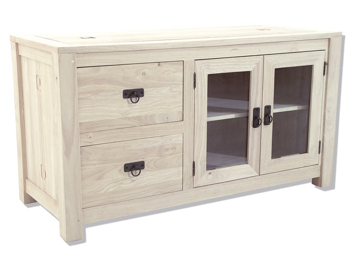 Buffet bas Hévéa 2 portes vitrées, 2 tiroirs 120x50x65cm TESSA