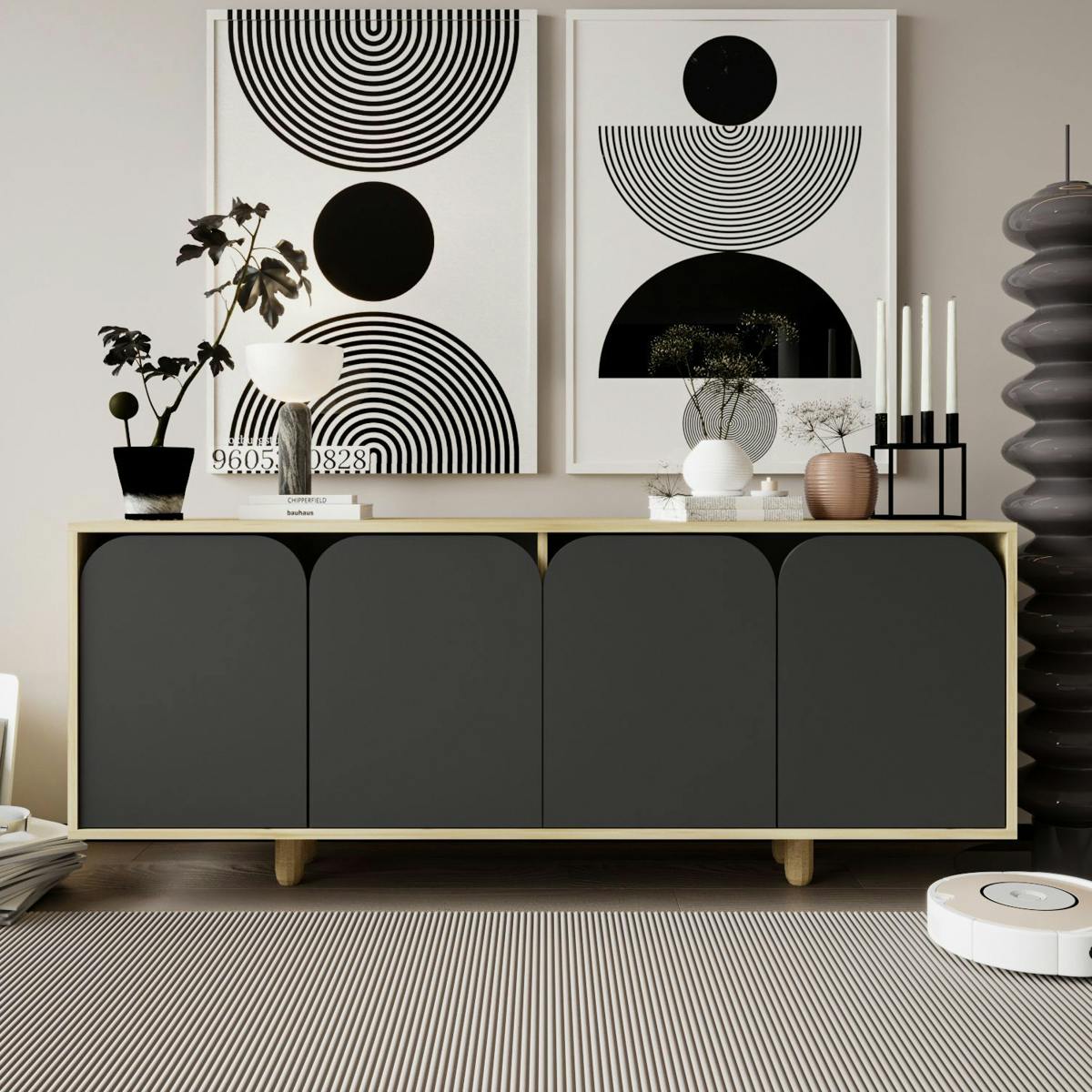 Buffet bas moderne effet bois 4 portes anthracites VAREN