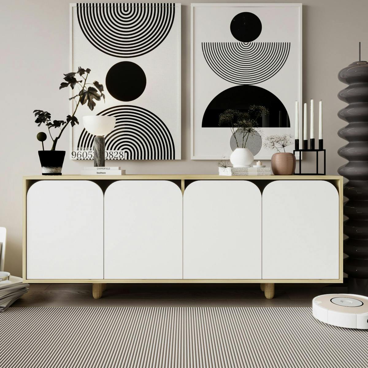 Buffet bas moderne effet bois 4 portes blanches VAREN