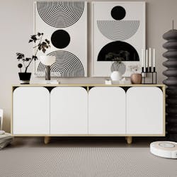 Buffet bas moderne effet bois 4 portes blanches VAREN