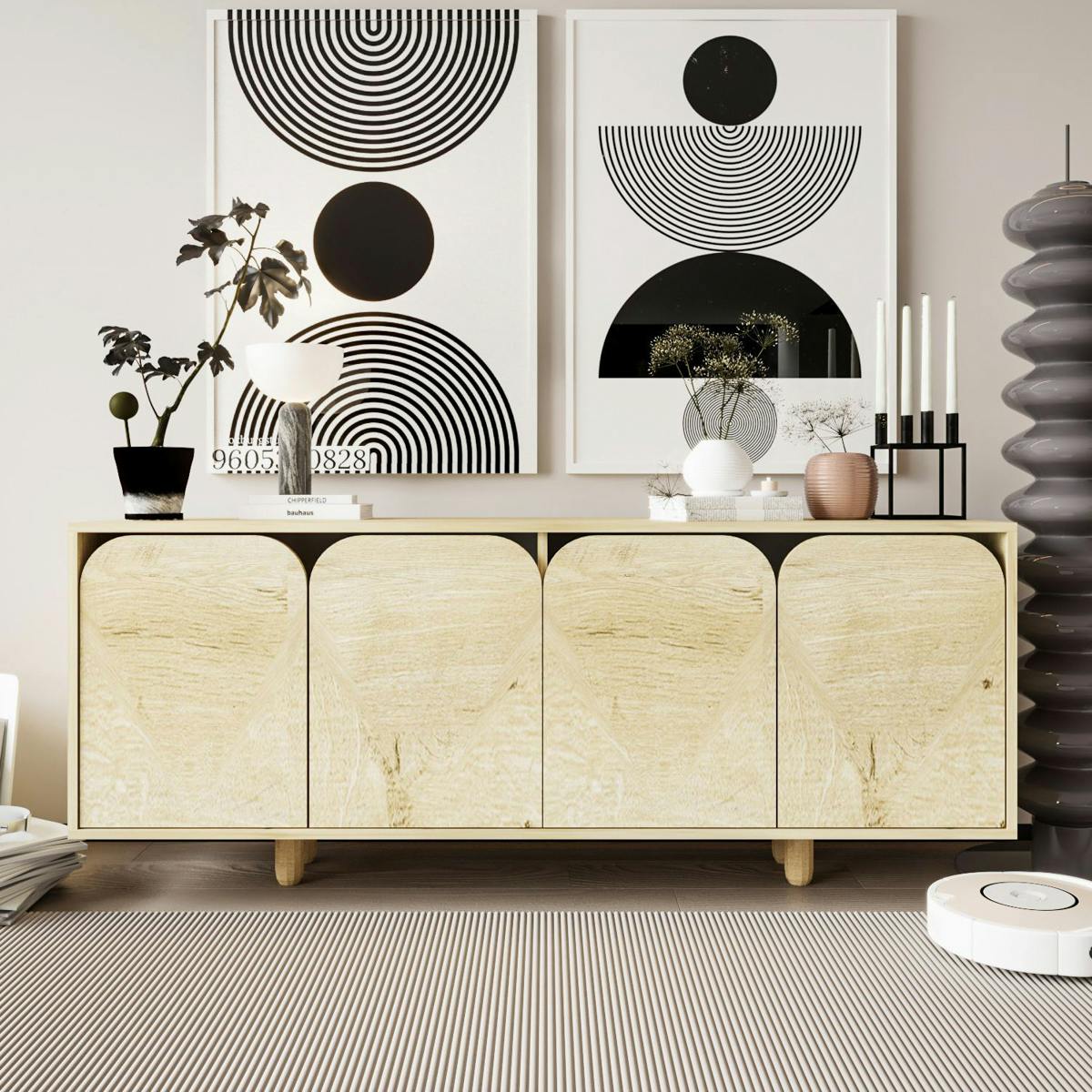 Buffet bas moderne effet bois 4 portes courbes VAREN
