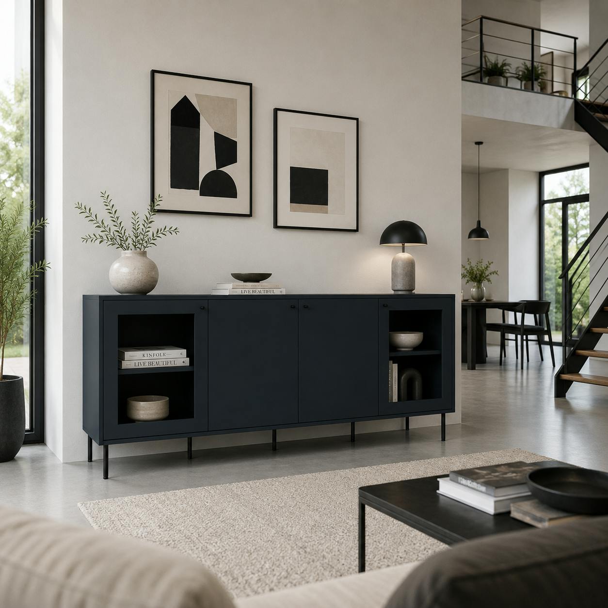 Buffet bas vitrine bleu sombre 4 portes RAVEN