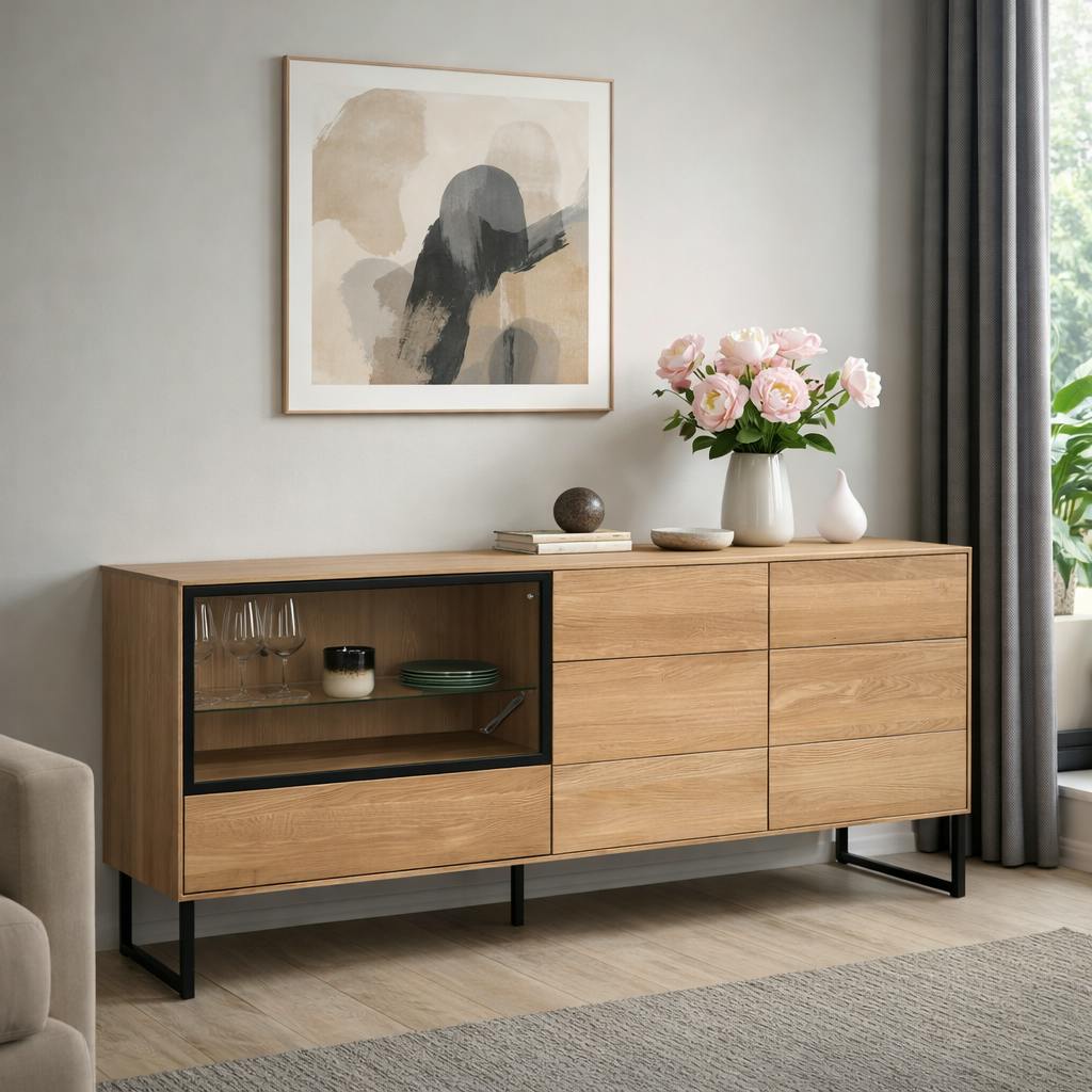 Buffet bas vitrine bois de chêne blanc 180 cm HAVEN