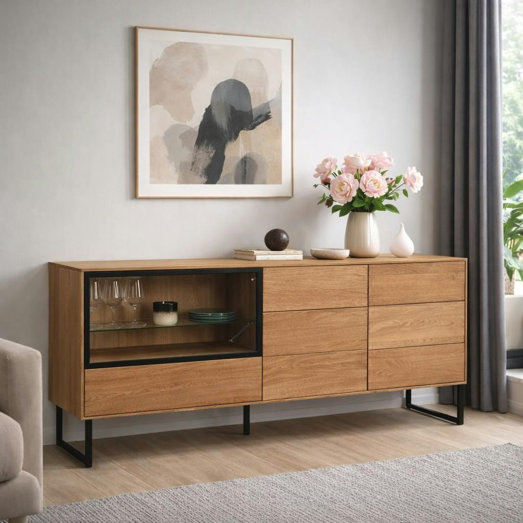 Buffet bas vitrine bois de chêne huilé 180 cm HAVEN