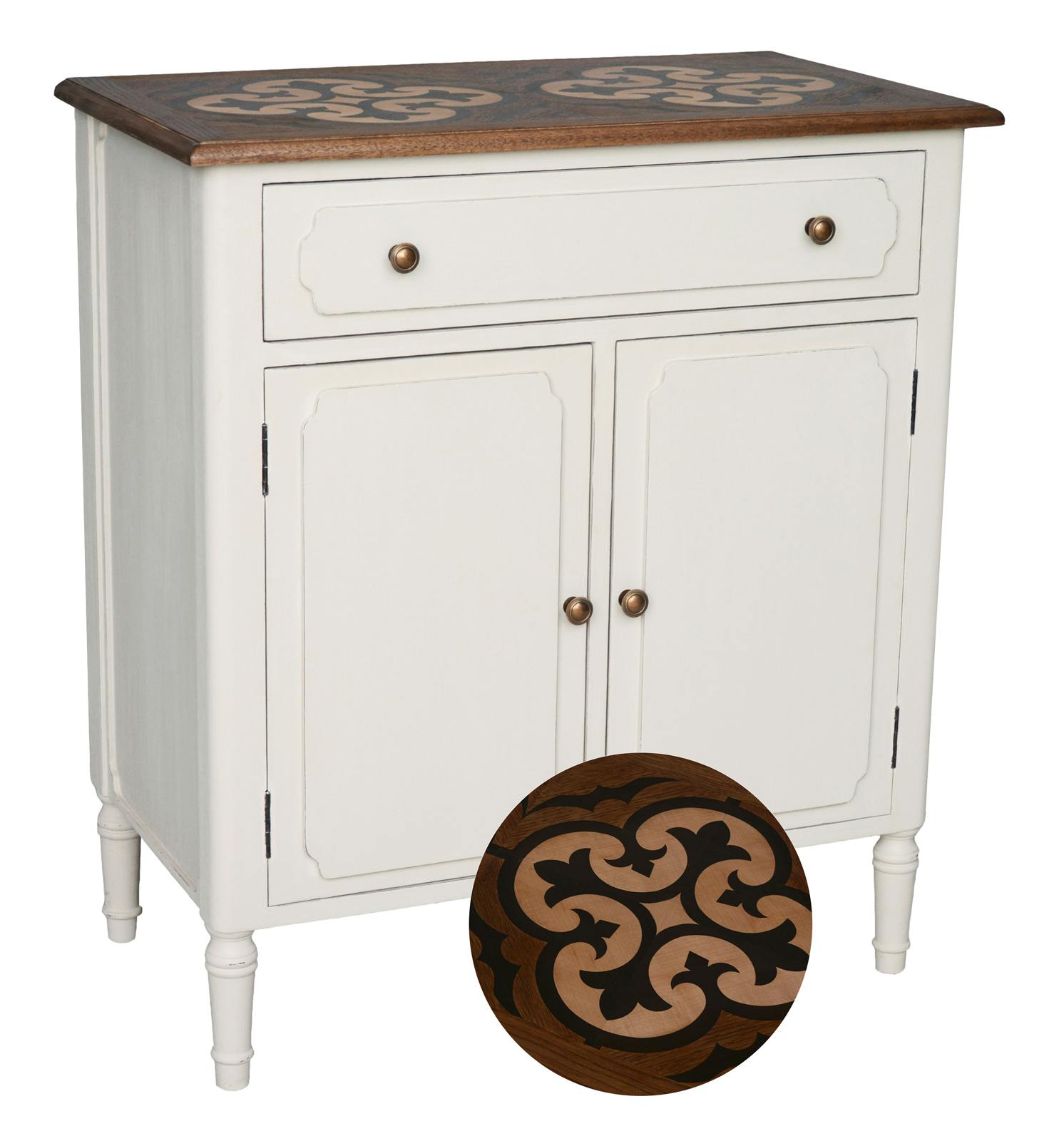 Buffet bicolore patiné crème foncée, chic subtil, plateau marqueterie SIMONE L80XH89XP45 AMADEUS