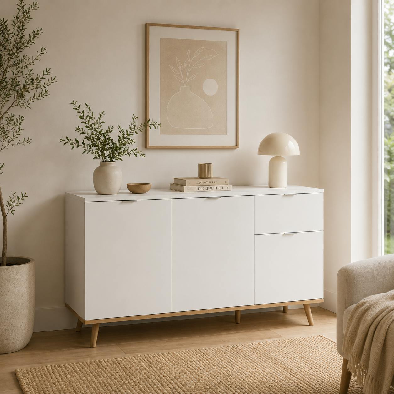 Buffet blanc 3 portes 1 tiroir style scandinave ALVA
