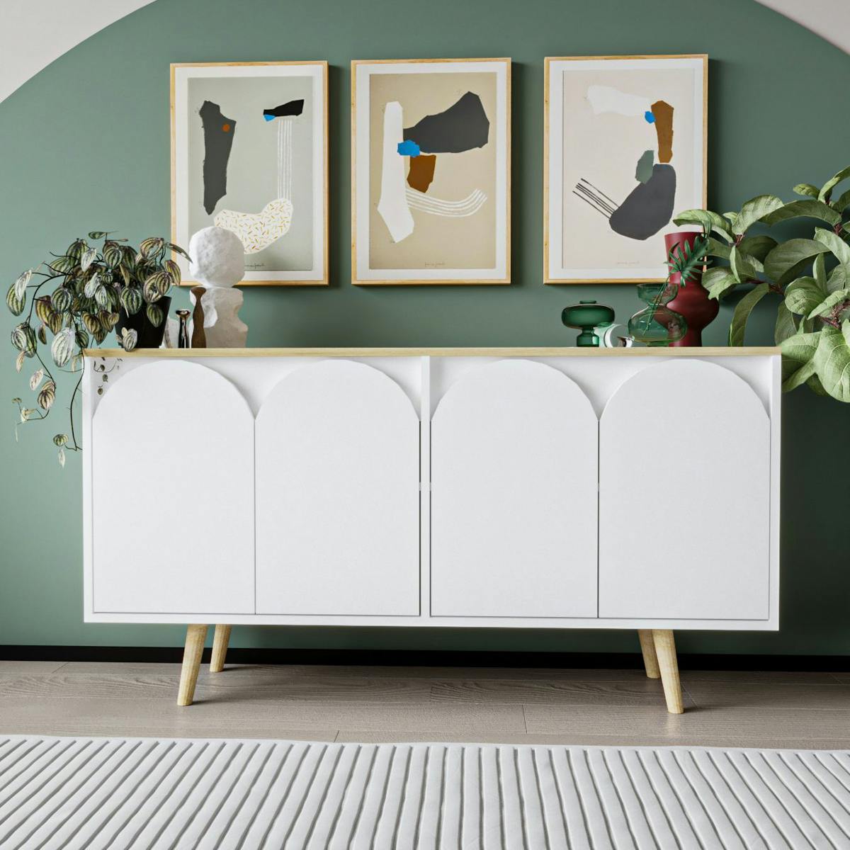 Buffet blanc 4 portes courbes et plateau effet bois VAREN