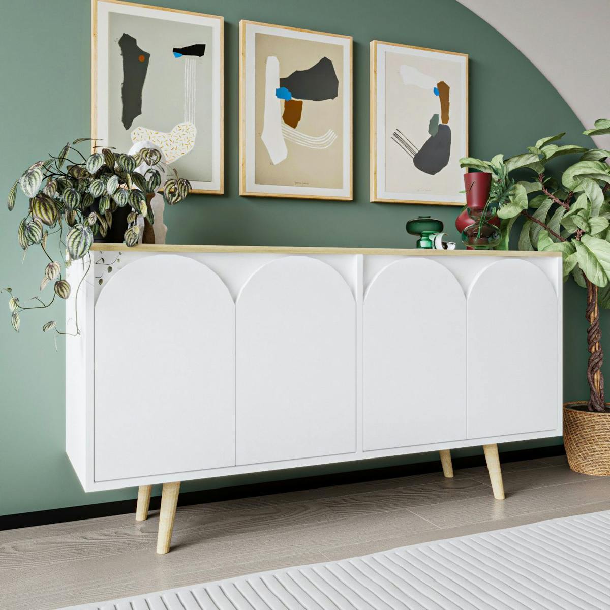 Buffet blanc 4 portes courbes et plateau effet bois VAREN