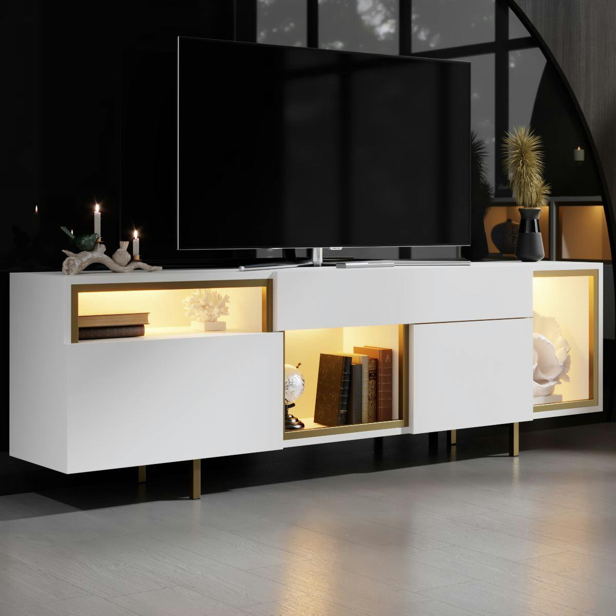 Buffet blanc et doré 2 portes 3 niches LED AURA