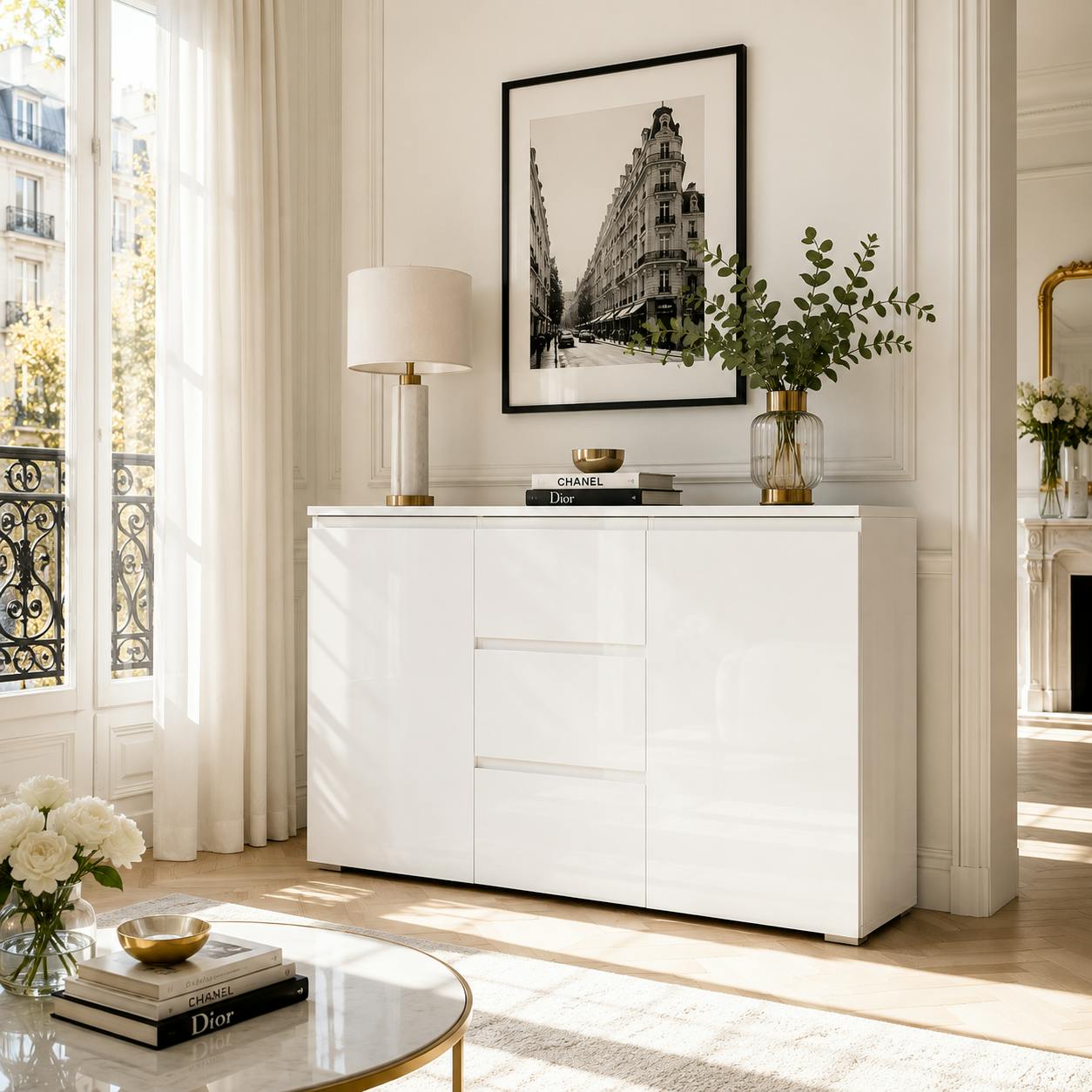 Buffet blanc moderne 2 portes 3 tiroirs ALVA