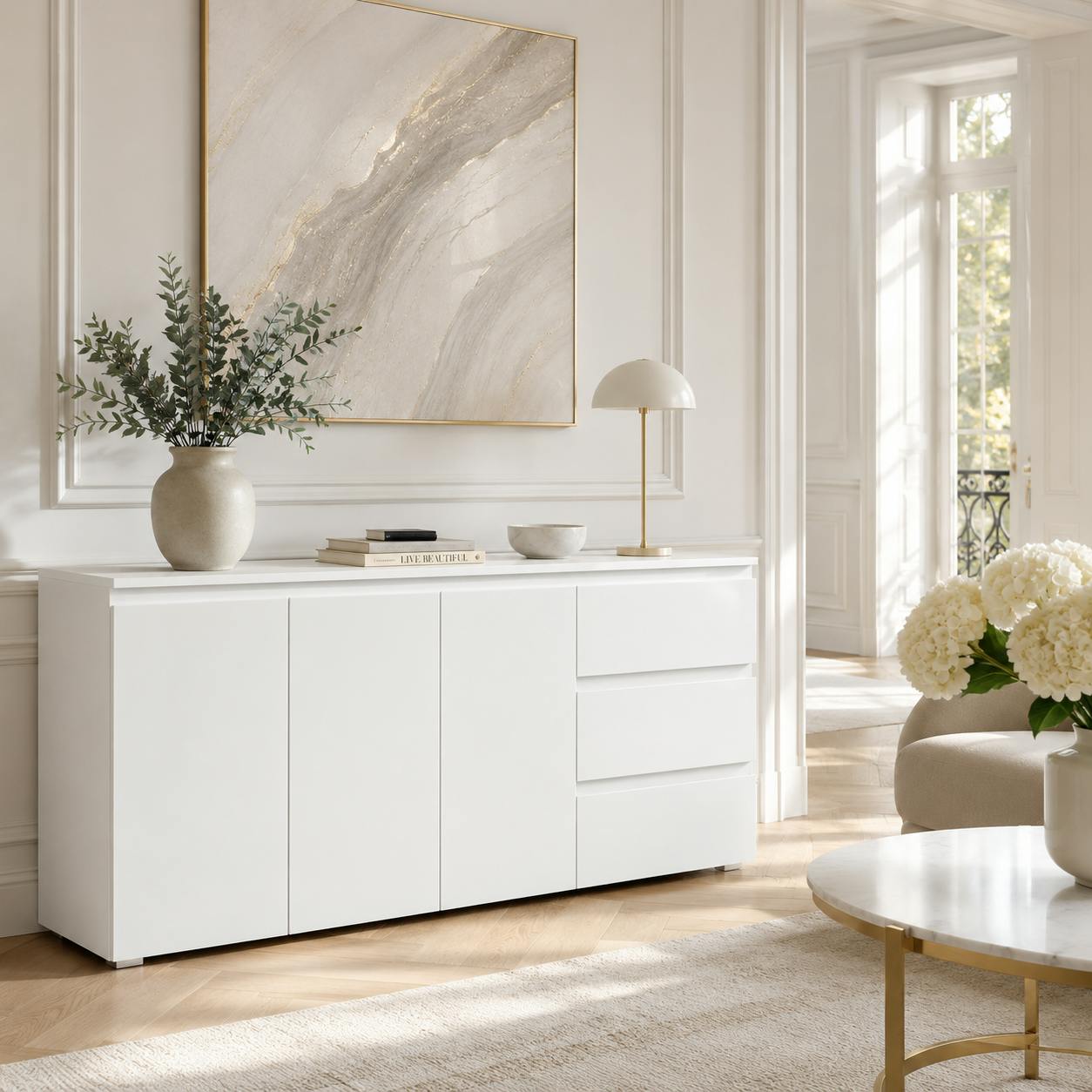 Buffet blanc moderne 3 portes 3 tiroirs ALVA