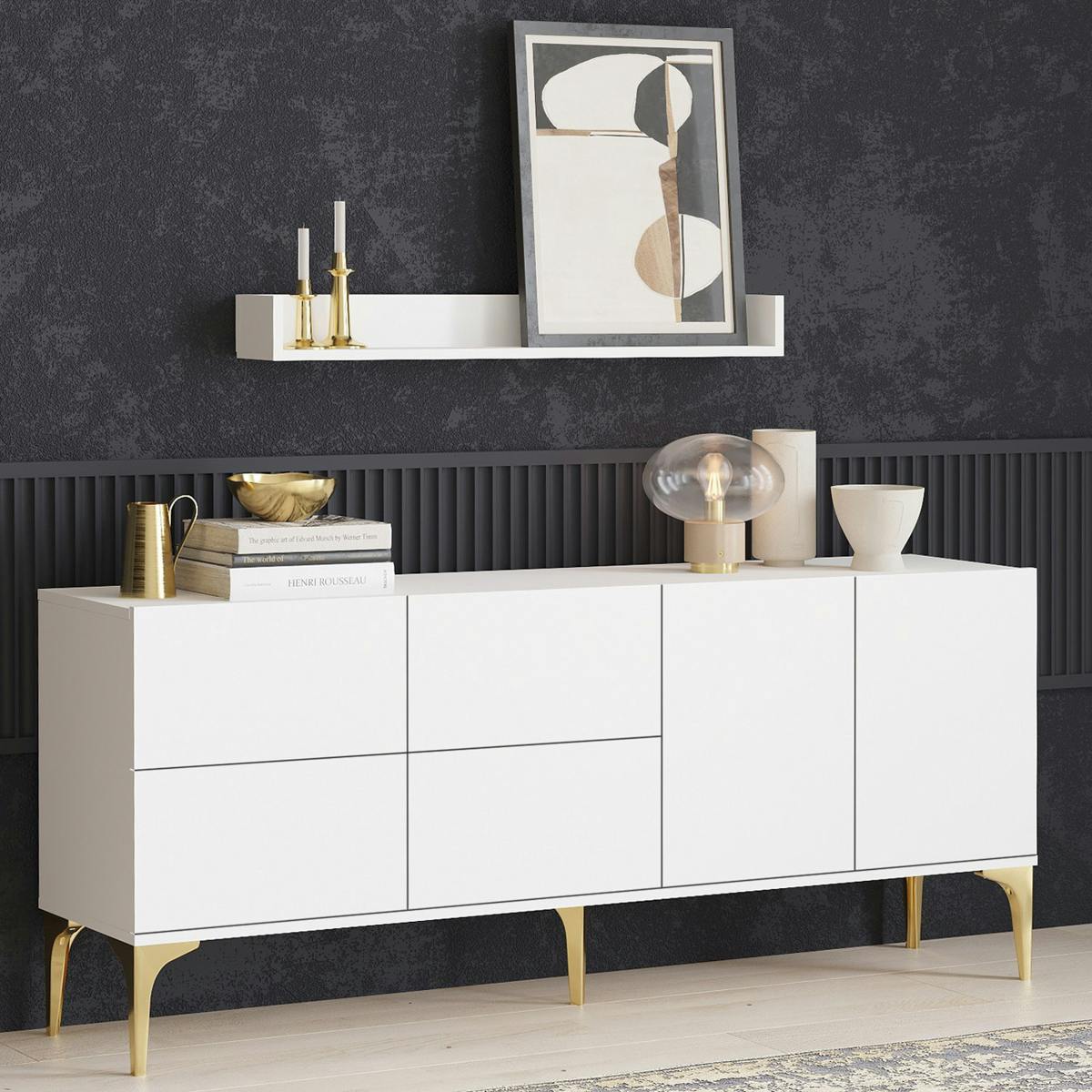 Buffet blanc moderne chic à pieds dorés, 6 portes JENA