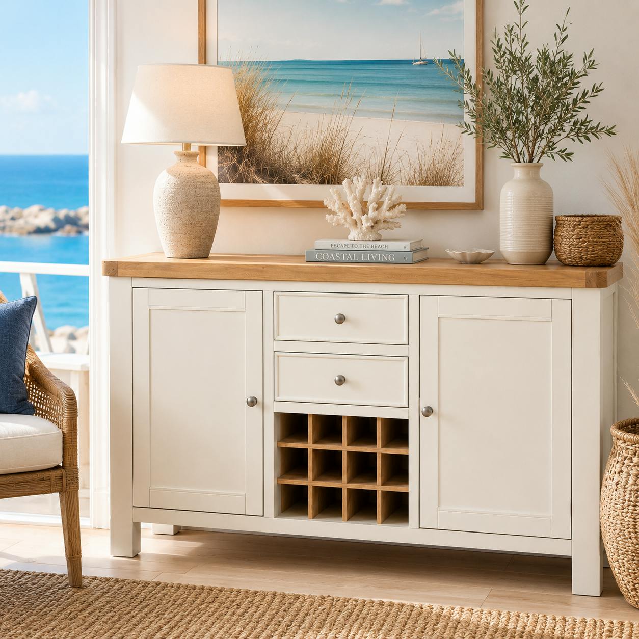 Buffet blanc style bord de mer avec range-bouteilles VELIA