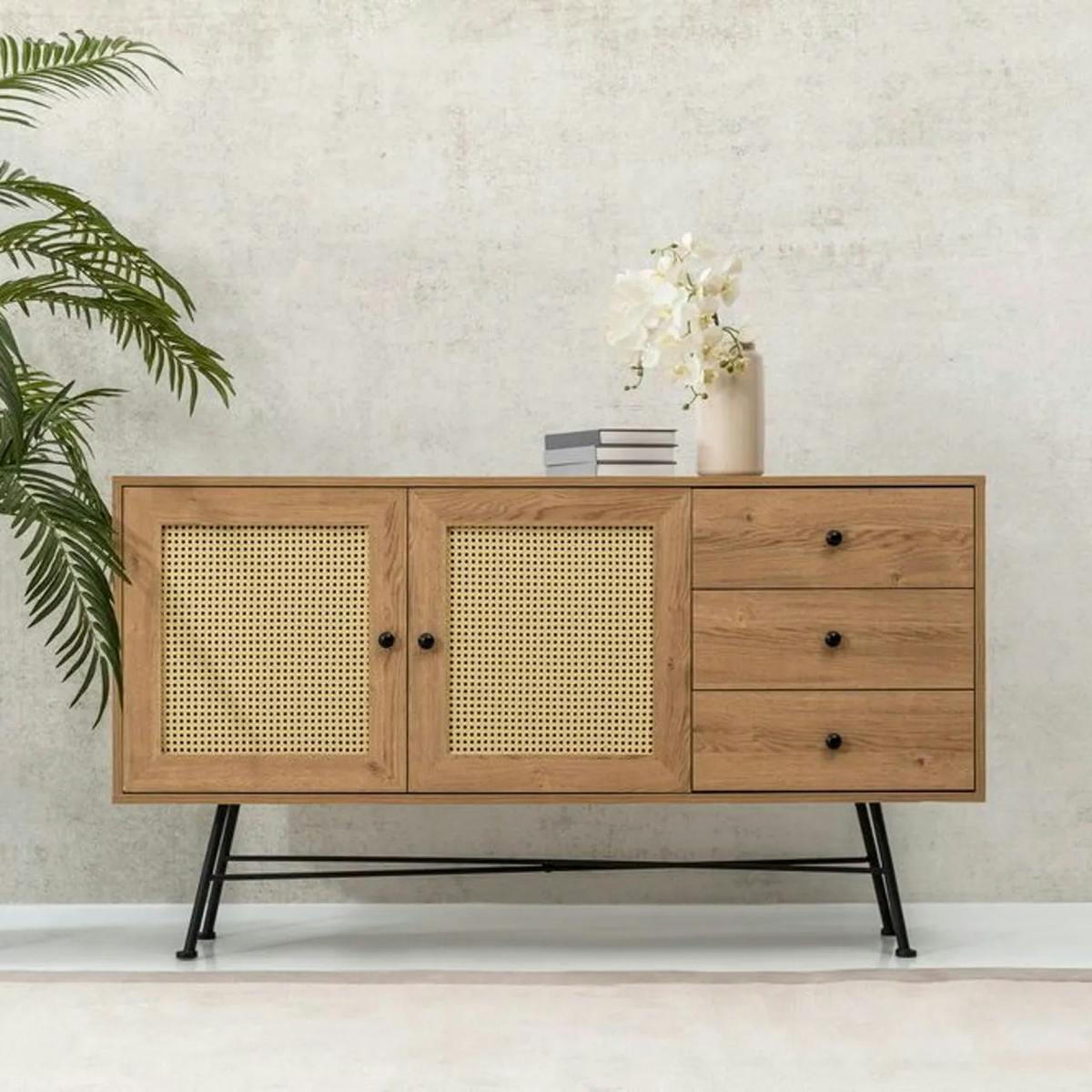 Buffet bohème effet bois, 2 portes en cannage VAREN