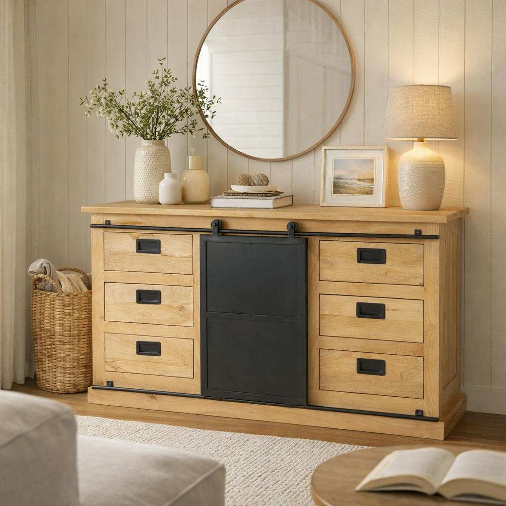 Buffet bois métal style atelier à portes coulissantes 160 cm CAMDEN