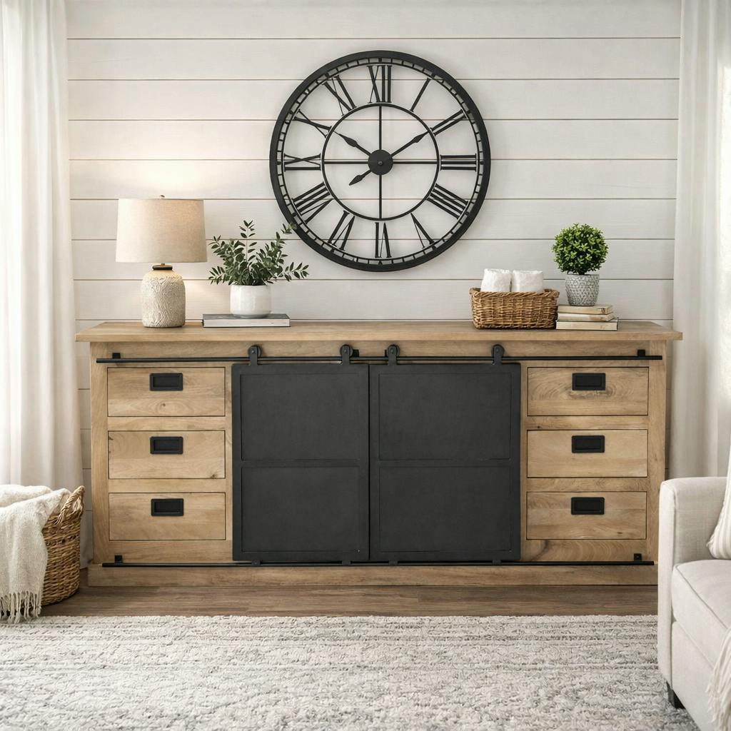 Buffet bois métal style atelier à portes coulissantes 200 cm CAMDEN