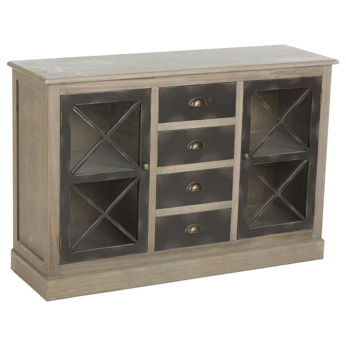Buffet bois patiné 2 portes 4 tiroirs