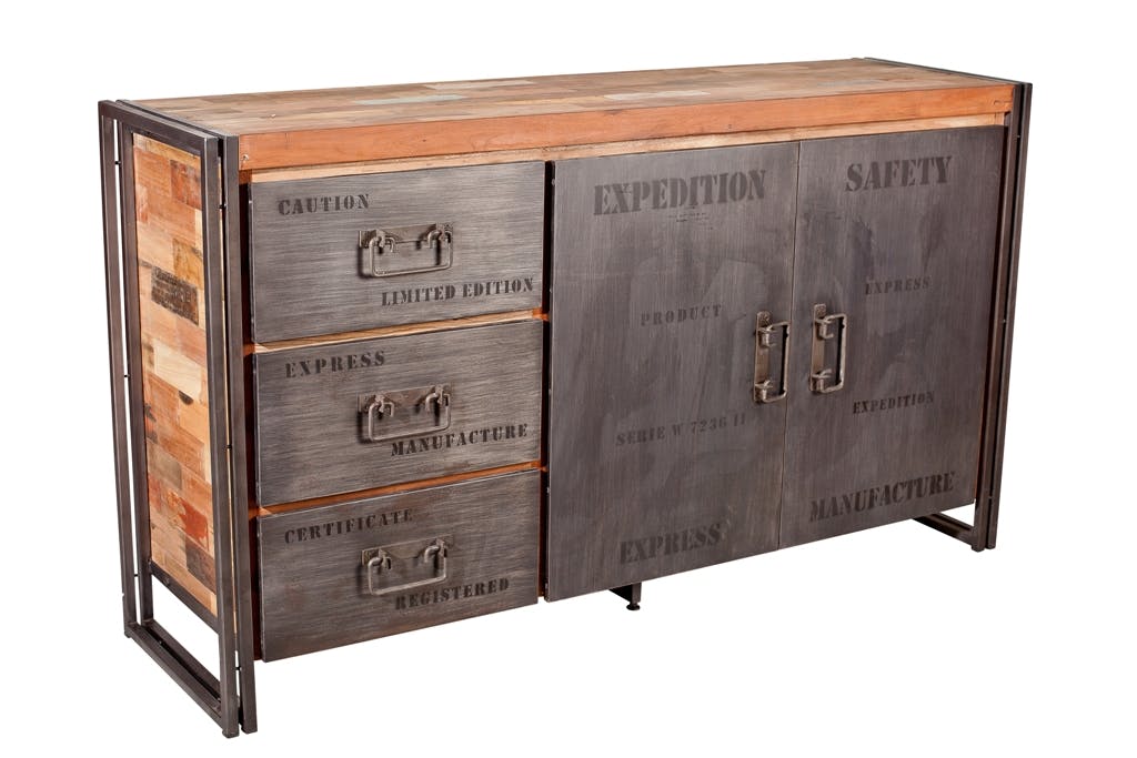 Buffet bois recyclé 2 portes 3 tiroirs 160x45x90cm CARAVELLE