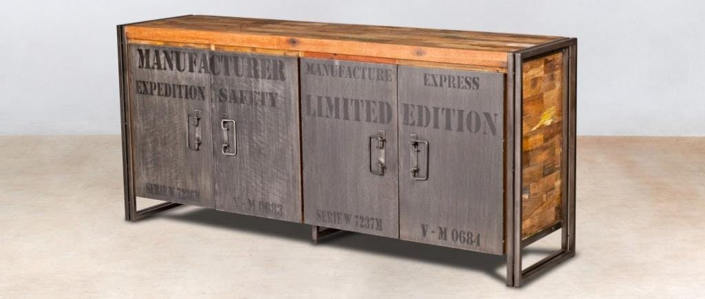 Grand buffet bahut en bois recycle et metal de style industriel