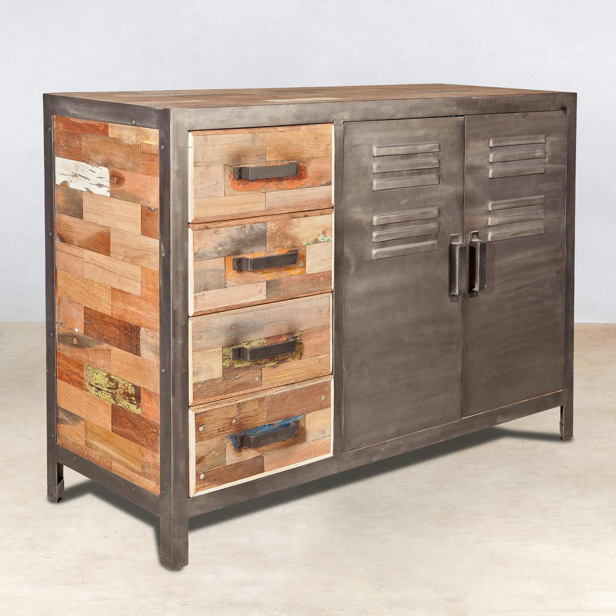 Buffet bois recyclé 4 tiroirs bois recyclé 2 portes métalliques 120x45x90cm CARAVELLE