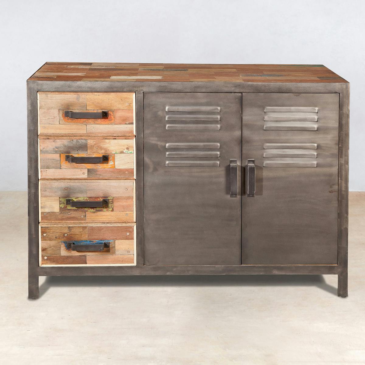 Buffet bois recyclé 4 tiroirs bois recyclé 2 portes métalliques 120x45x90cm CARAVELLE