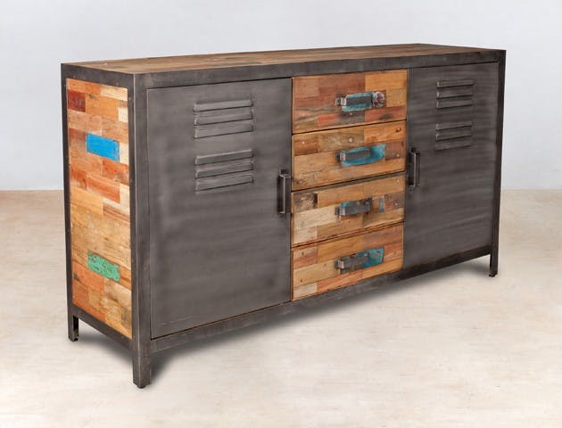 Buffet bois recyclé 4 tiroirs bois recyclé 2 portes métalliques 160x45x90cm CARAVELLE