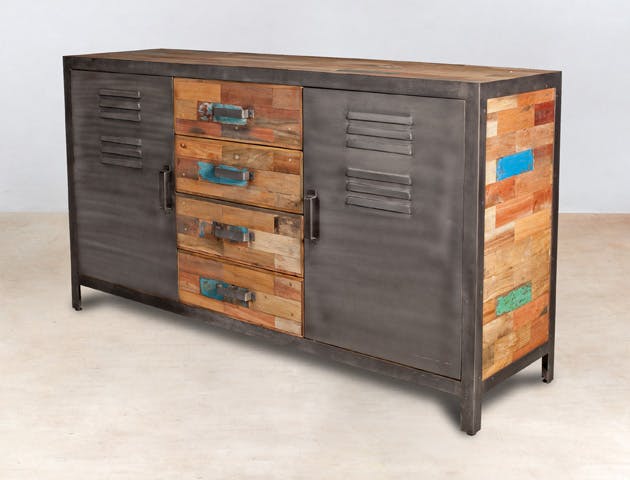 Buffet bois recyclé 4 tiroirs bois recyclé 2 portes métalliques 160x45x90cm CARAVELLE