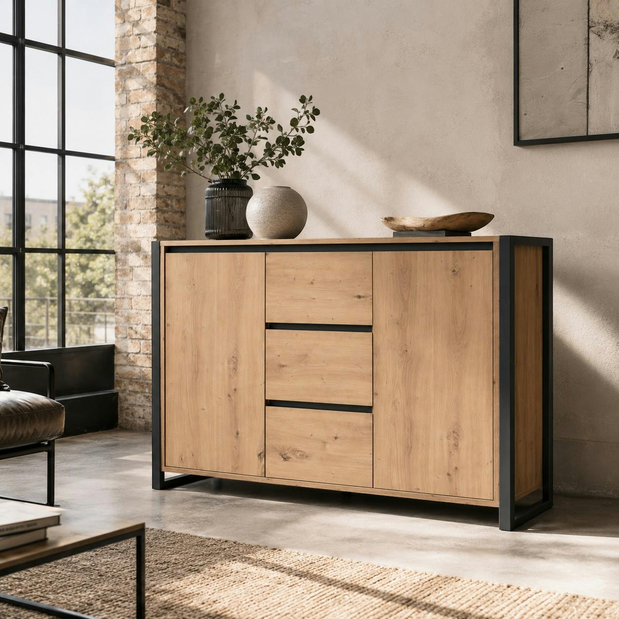 Buffet campagne 2 portes 3 tiroirs effet chêne 122 cm ALVA