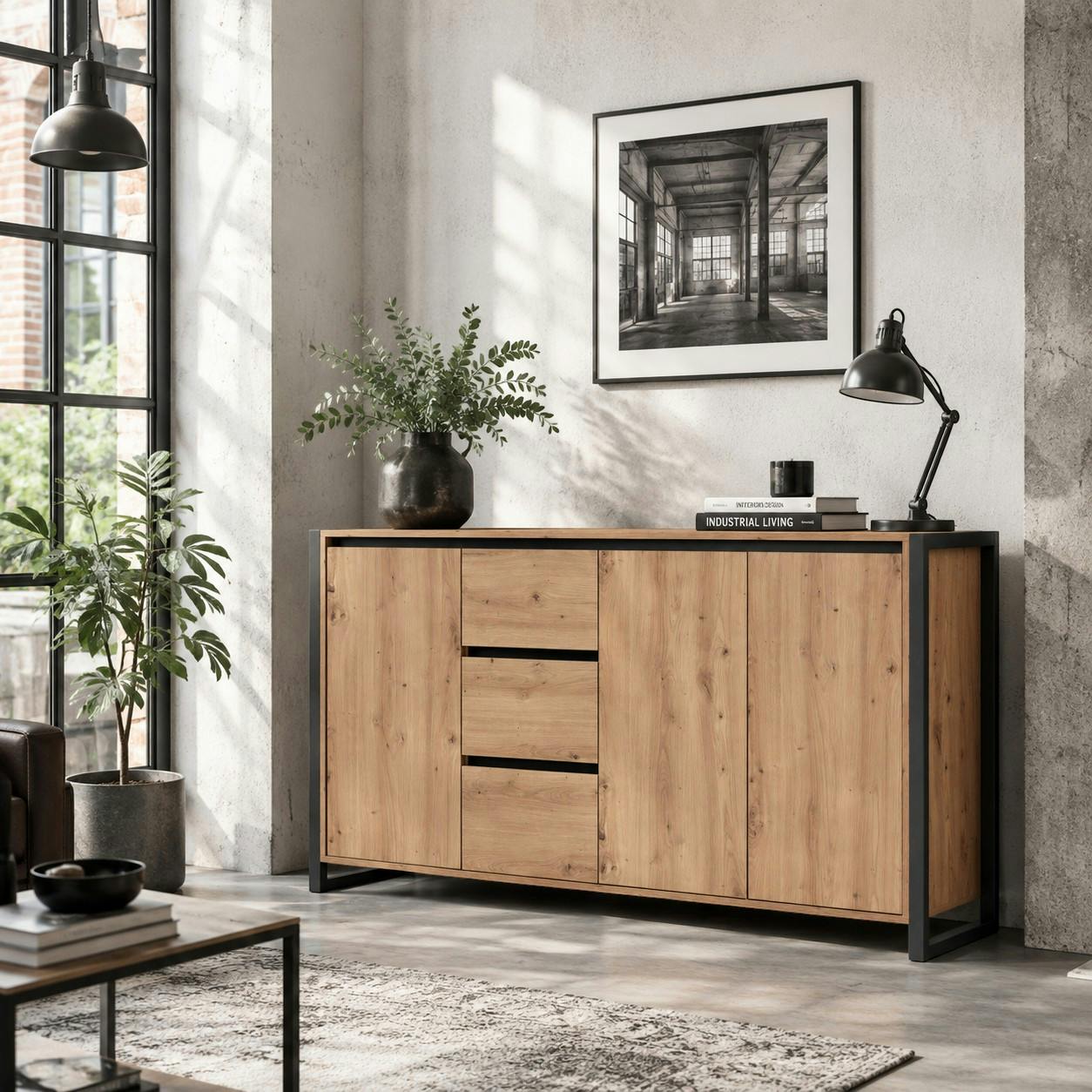 Buffet campagne 3 portes 3 tiroirs effet chêne 160 cm ALVA