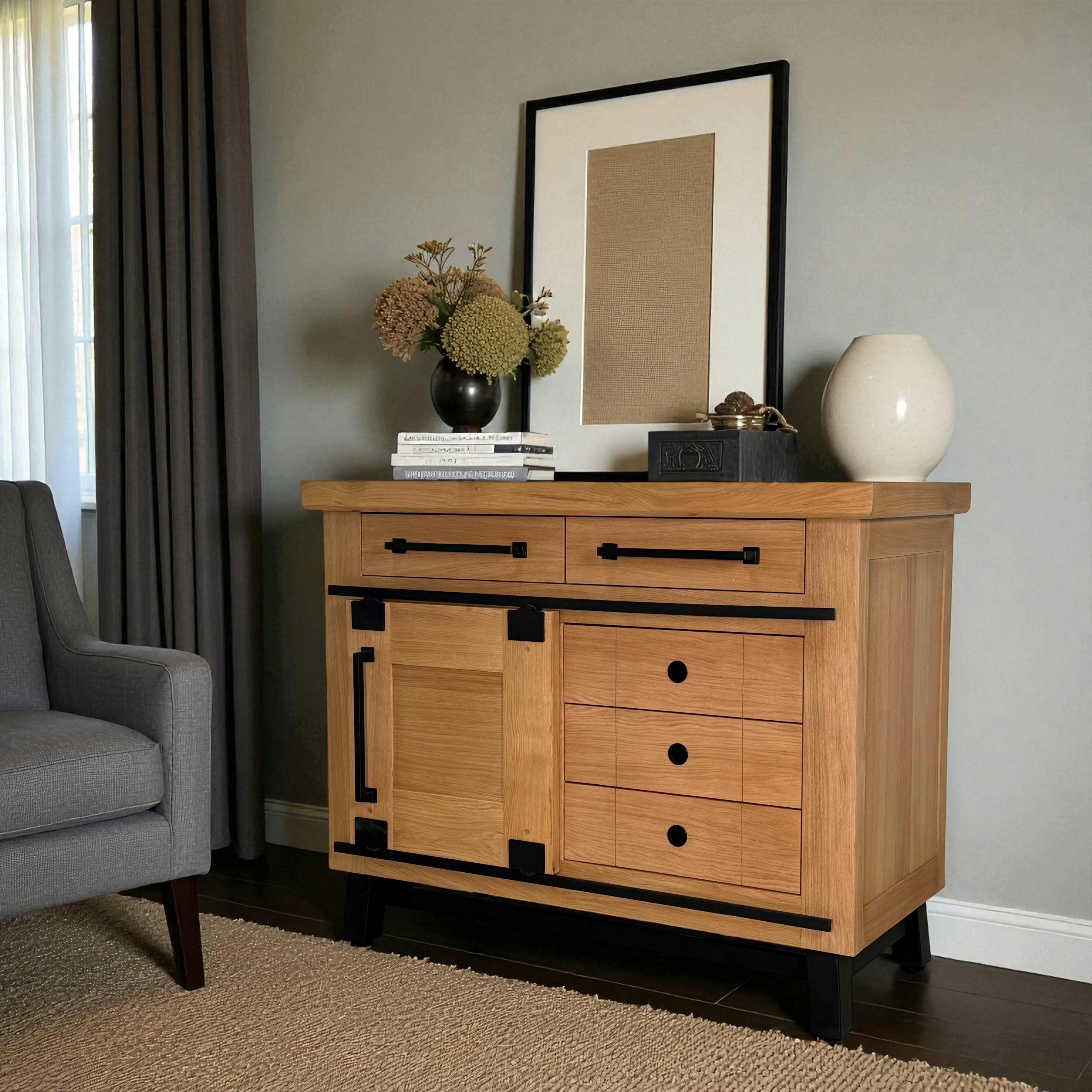 Buffet chêne clair 1 porte coulissante 5 tiroirs ALPINE