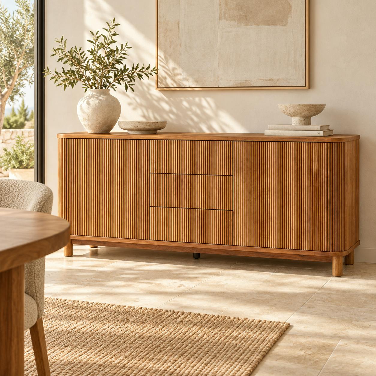 Buffet chêne rainuré moderne 2 portes 3 tiroirs IENA