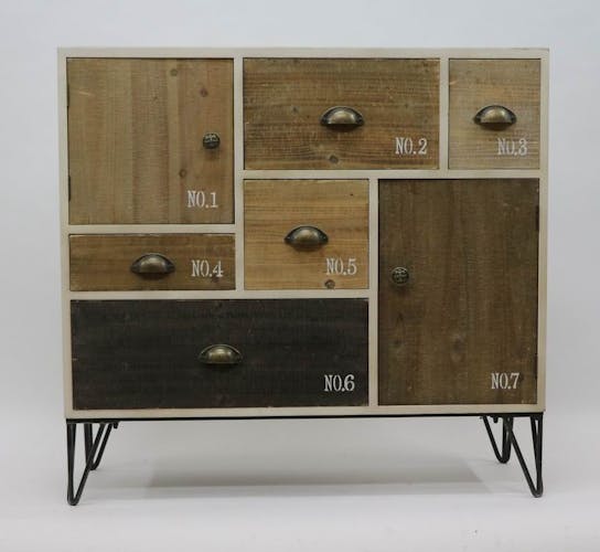 Buffet / Commode 5 tiroirs, 2 portes, bois en Patchwork de couleurs et d'effets et pieds métal en épingle 90x32,5x85cm LAZURO