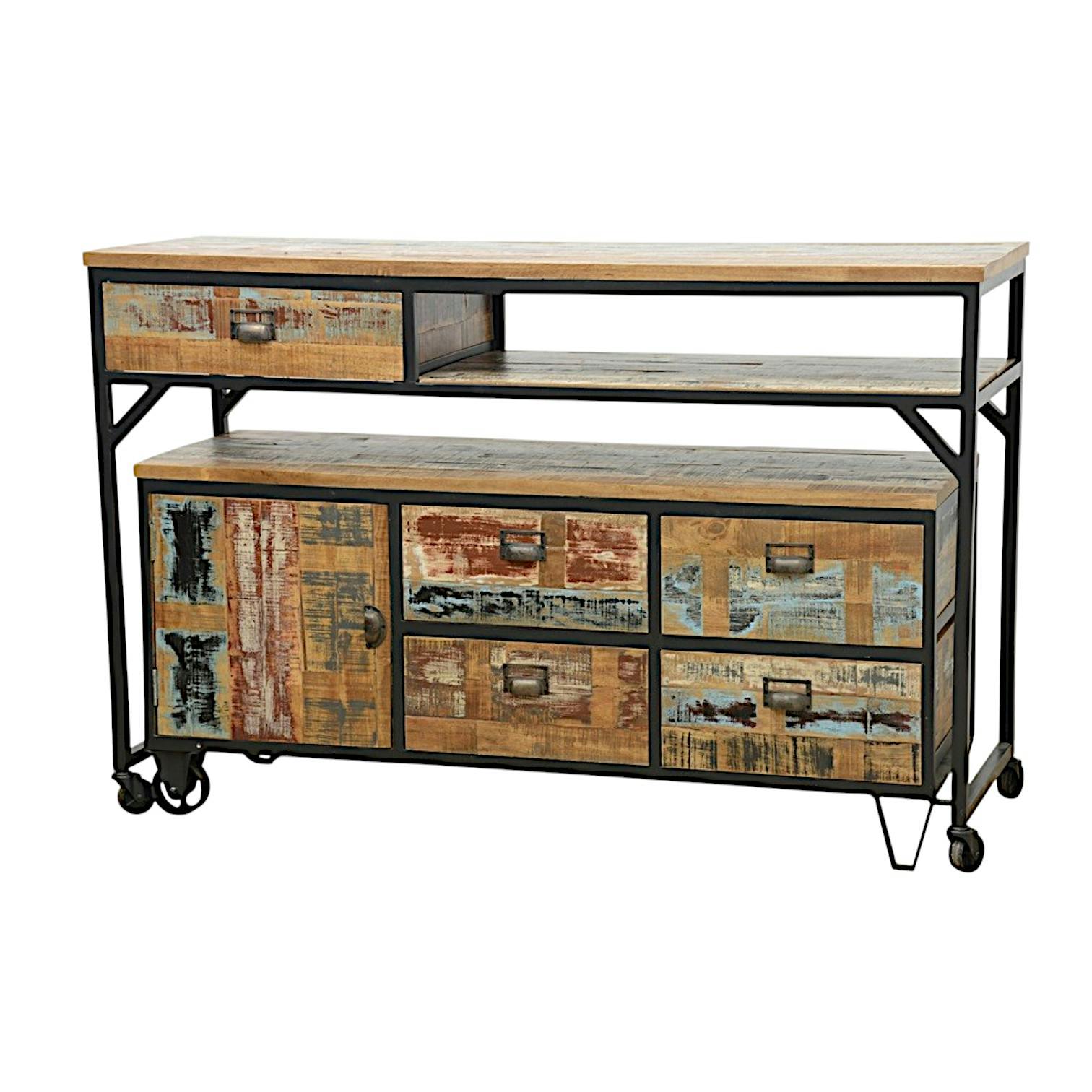 Buffet / Console à roulettes en 2 parties, 4 + 1 tiroirs, 1 porte en Hévéa recyclé coloré et métal 150x53x97cm LOFT COLORS