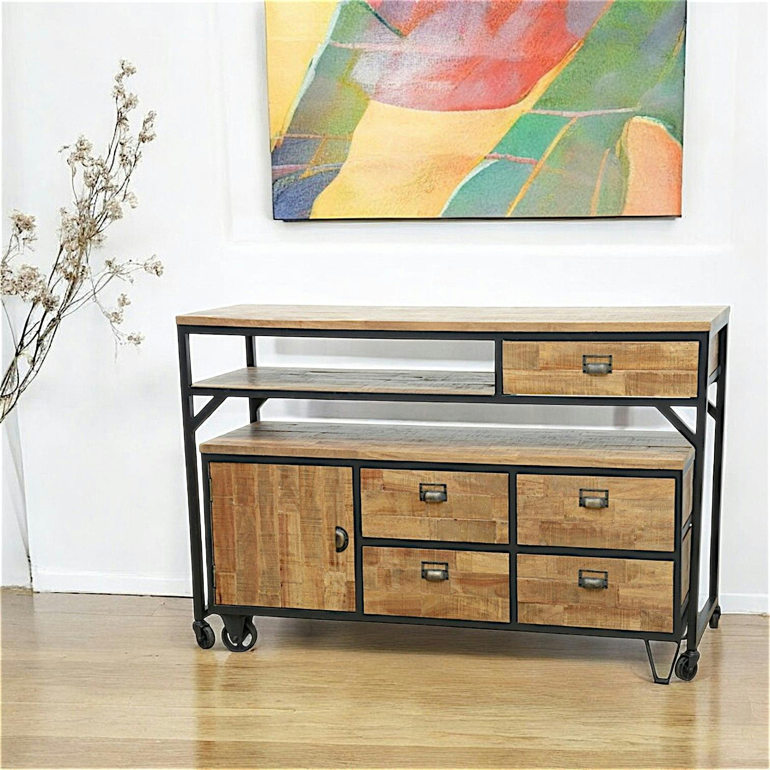 Buffet / Console à roulettes en 2 parties, 4 + 1 tiroirs, 1 porte en Hévéa recyclé naturel et métal 150x53x97cm LOFT
