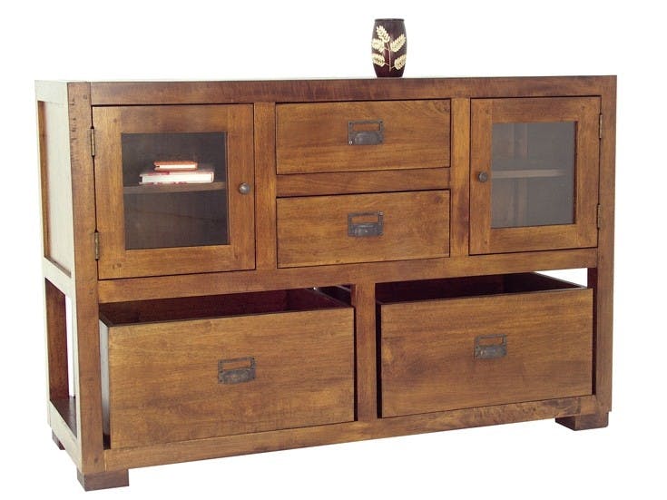 Buffet / Console Hévéa 2 portes vitrées, 2 tiroirs, 2 casiers amovibles 124x42x82cm TRADITION