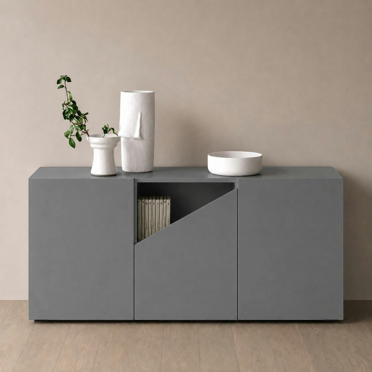 Buffet contemporain gris à découpe centrale 160 cm LORA