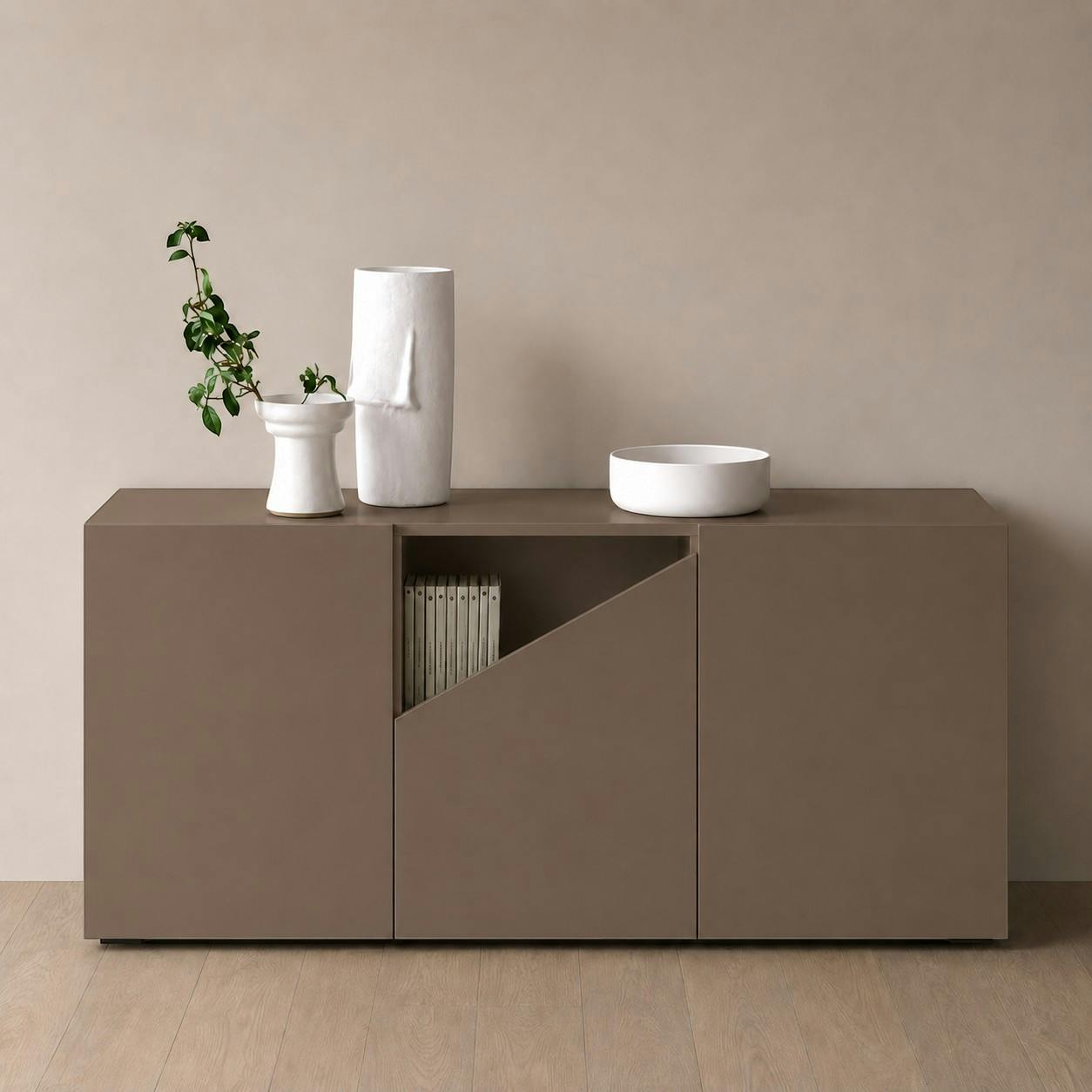 Buffet contemporain marron à découpe centrale 160 cm LORA