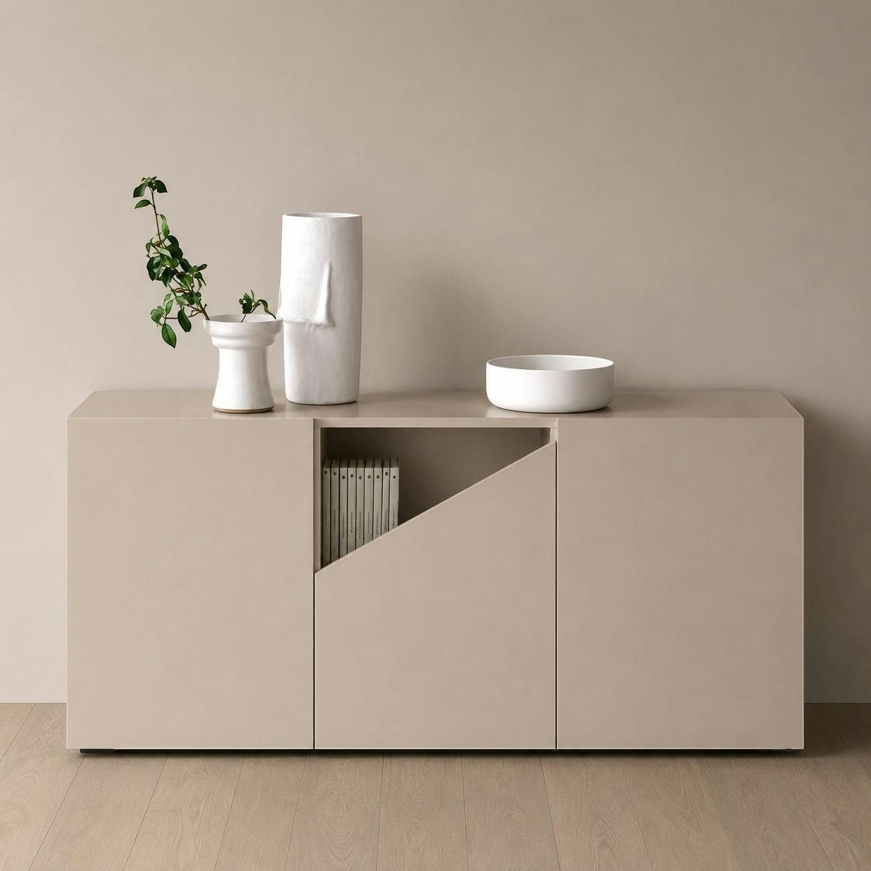 Buffet contemporain taupe à découpe centrale 160 cm LORA
