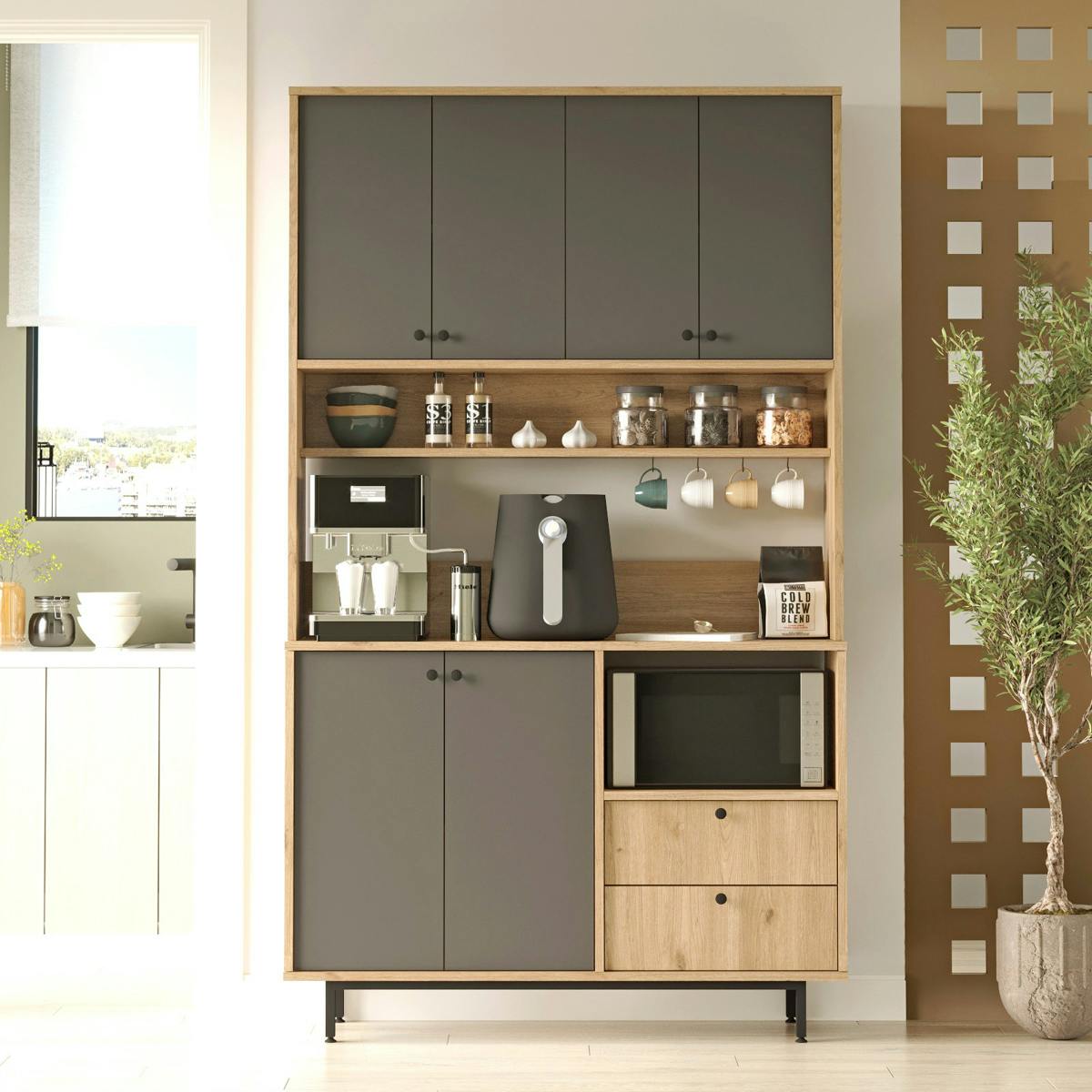 Buffet cuisine niche micro-ondes décor gris H 205 cm JENA