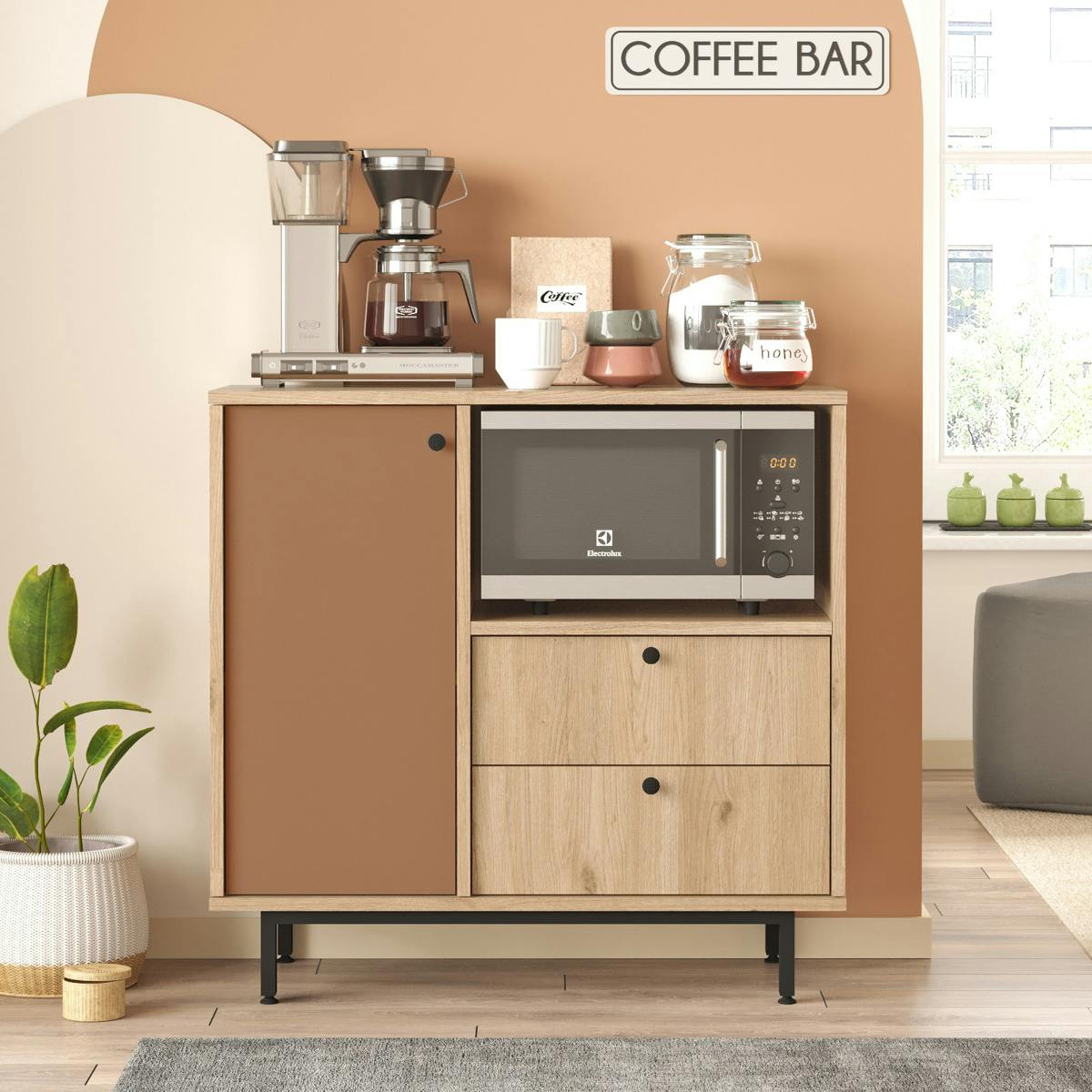 Buffet cuisine niche micro-ondes et 1 porte brun chaud JENA