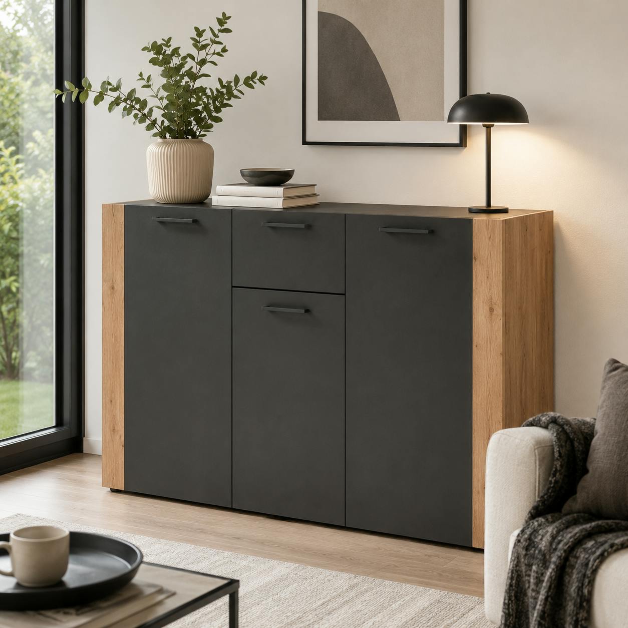 Buffet de rangement gris foncé 3 portes 1 tiroir ALVA