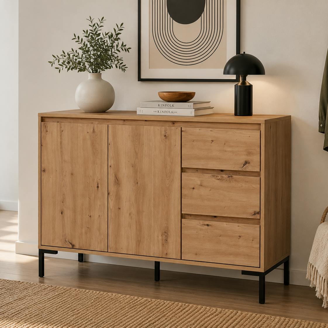Buffet de salle à manger décor bois 2 portes 3 tiroirs KARVI