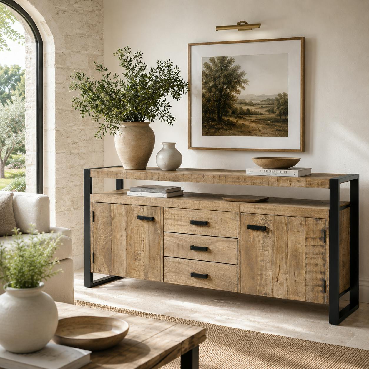 Buffet de salon bois métal à double plateau KARGO