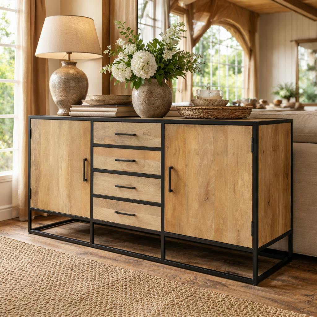 Buffet de salon en bois clair 2 portes 4 tiroirs RIVANO