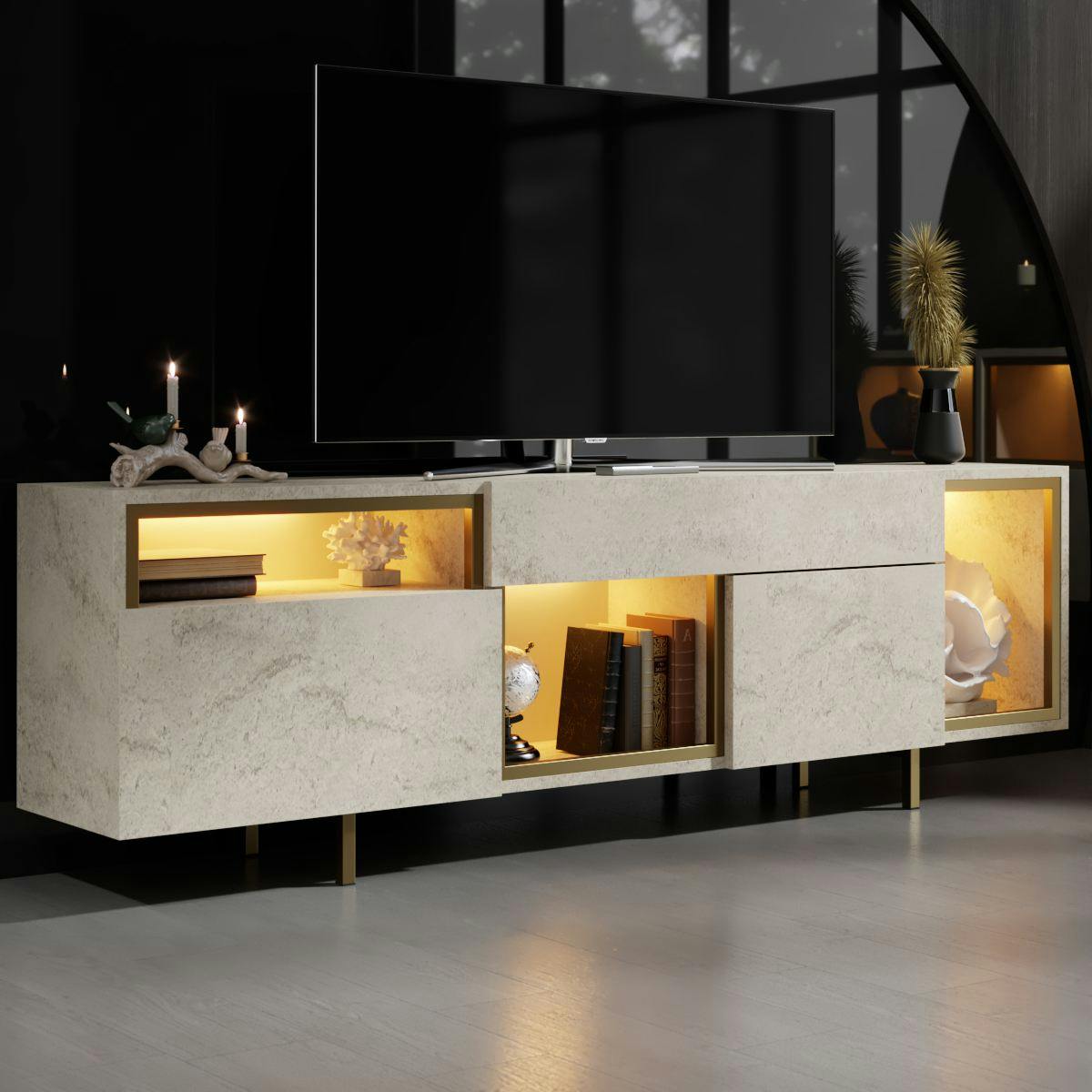 Buffet décor travertin et doré 2 portes 3 niches LED AURA