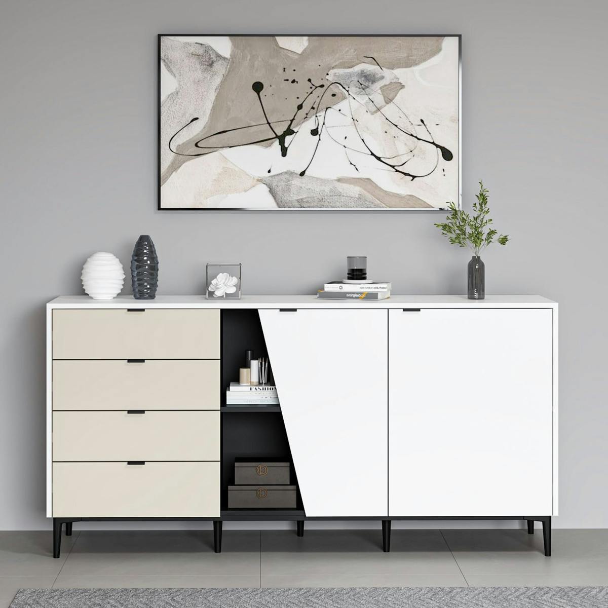 Buffet design contemporain noir et blanc à pan oblique JENA