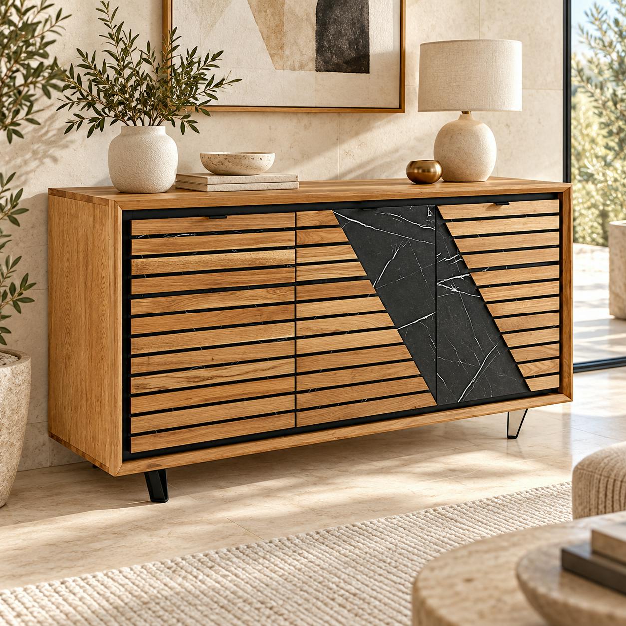 Buffet design en bois de chêne finition miel, 3 portes ESSEN