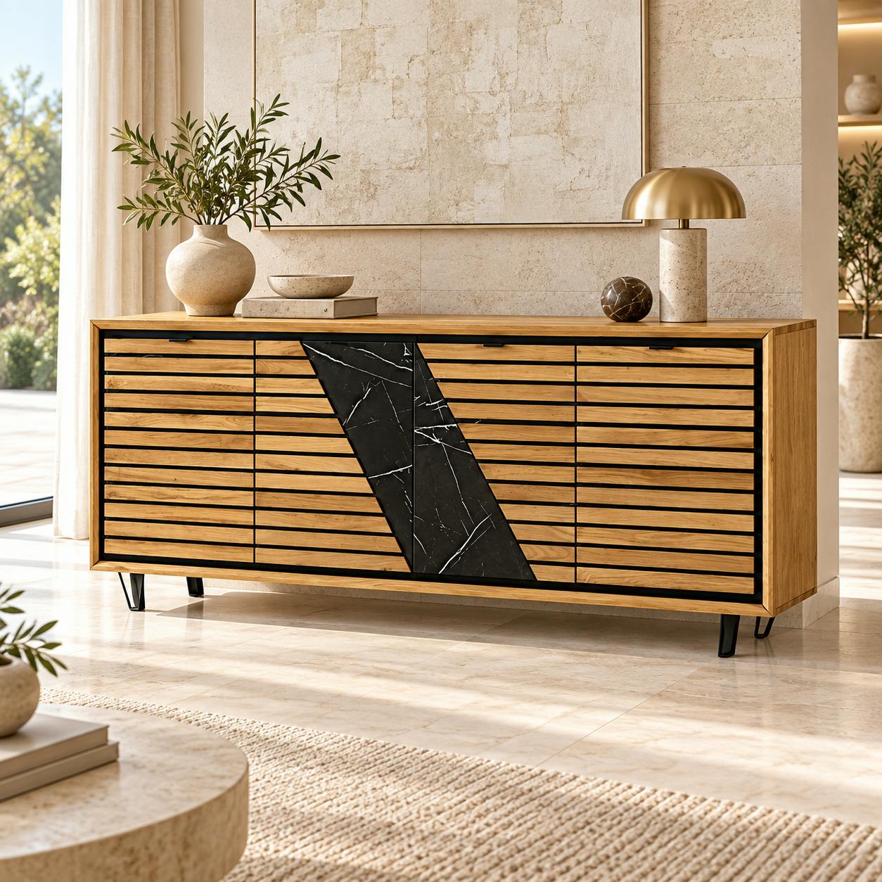 Buffet design en bois de chêne finition miel, 4 portes ESSEN