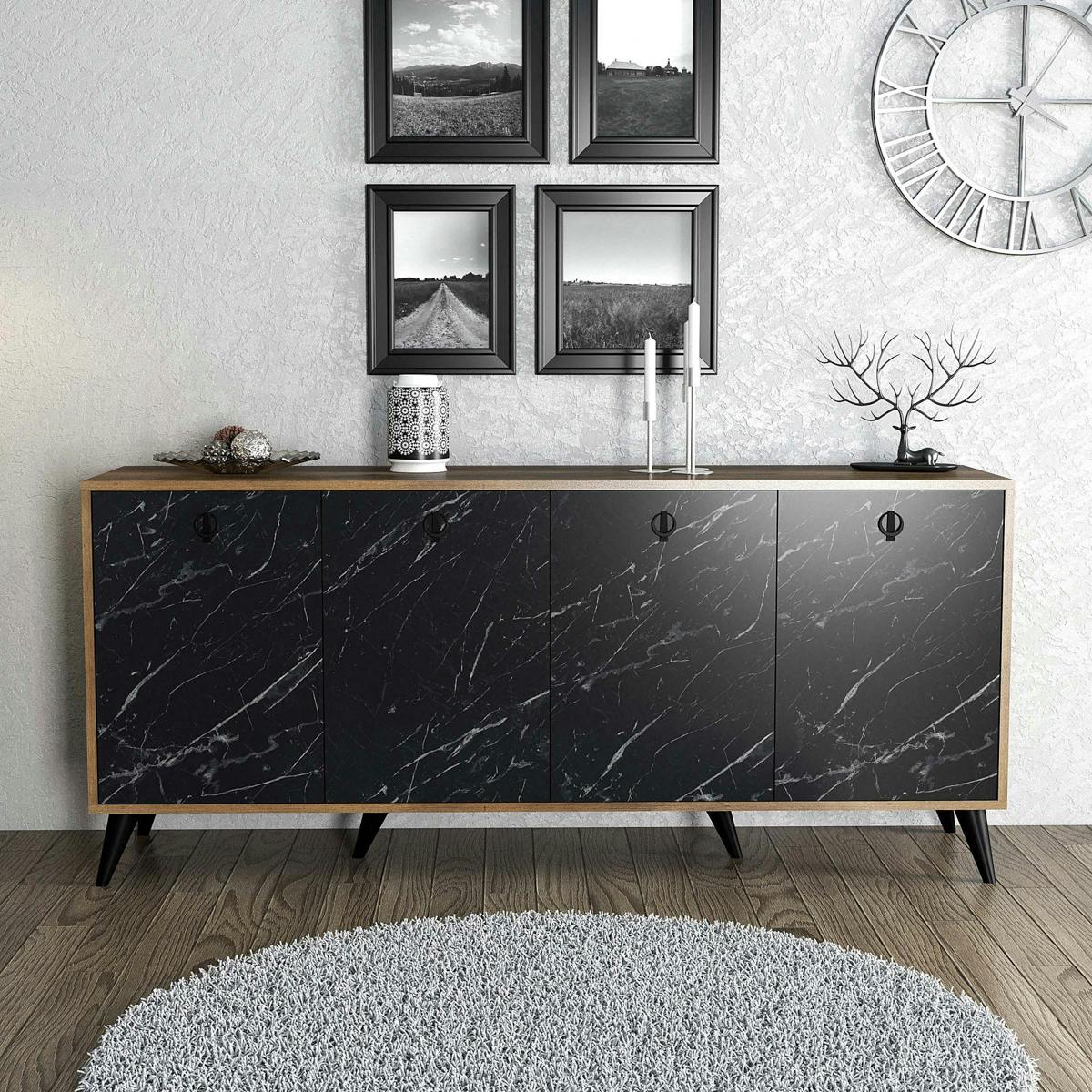 Buffet design moderne 4 portes, façade effet marbre noir UMEA