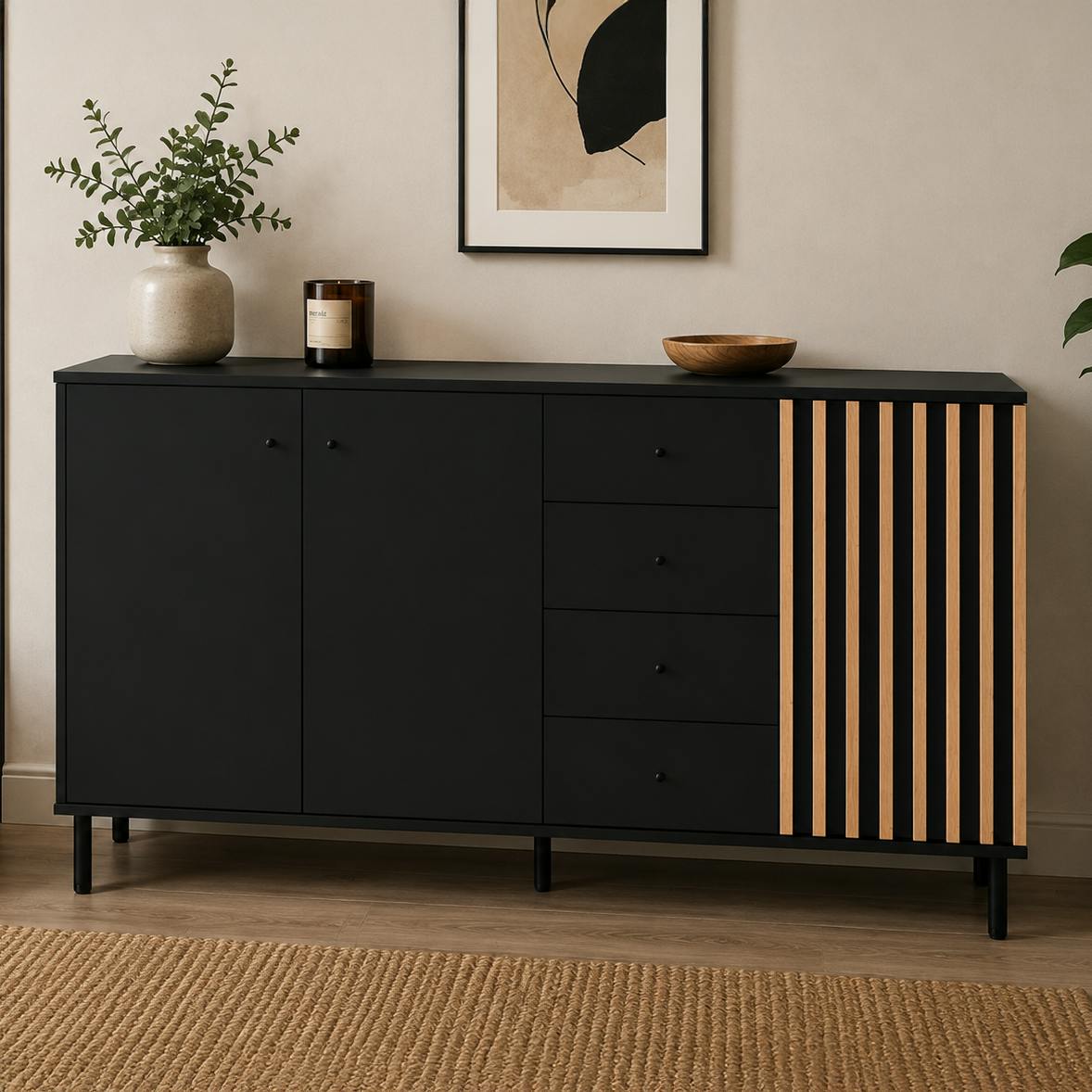 Buffet design noir décor bois 3 portes 4 tiroirs NOREN